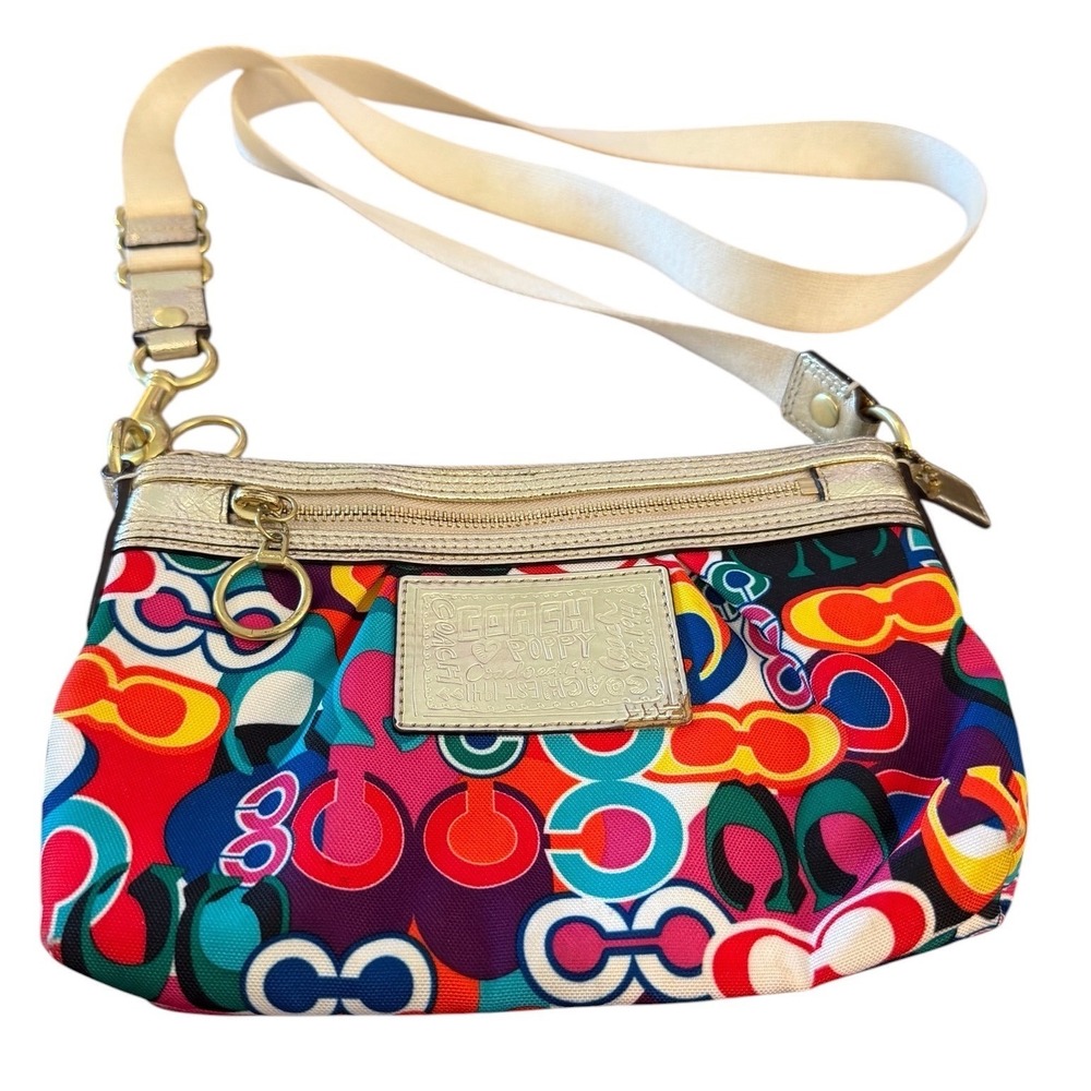 Coach Poppy Scribble Print Crossbody Bag Multi Color Gold Y2K Early 2010s Retro